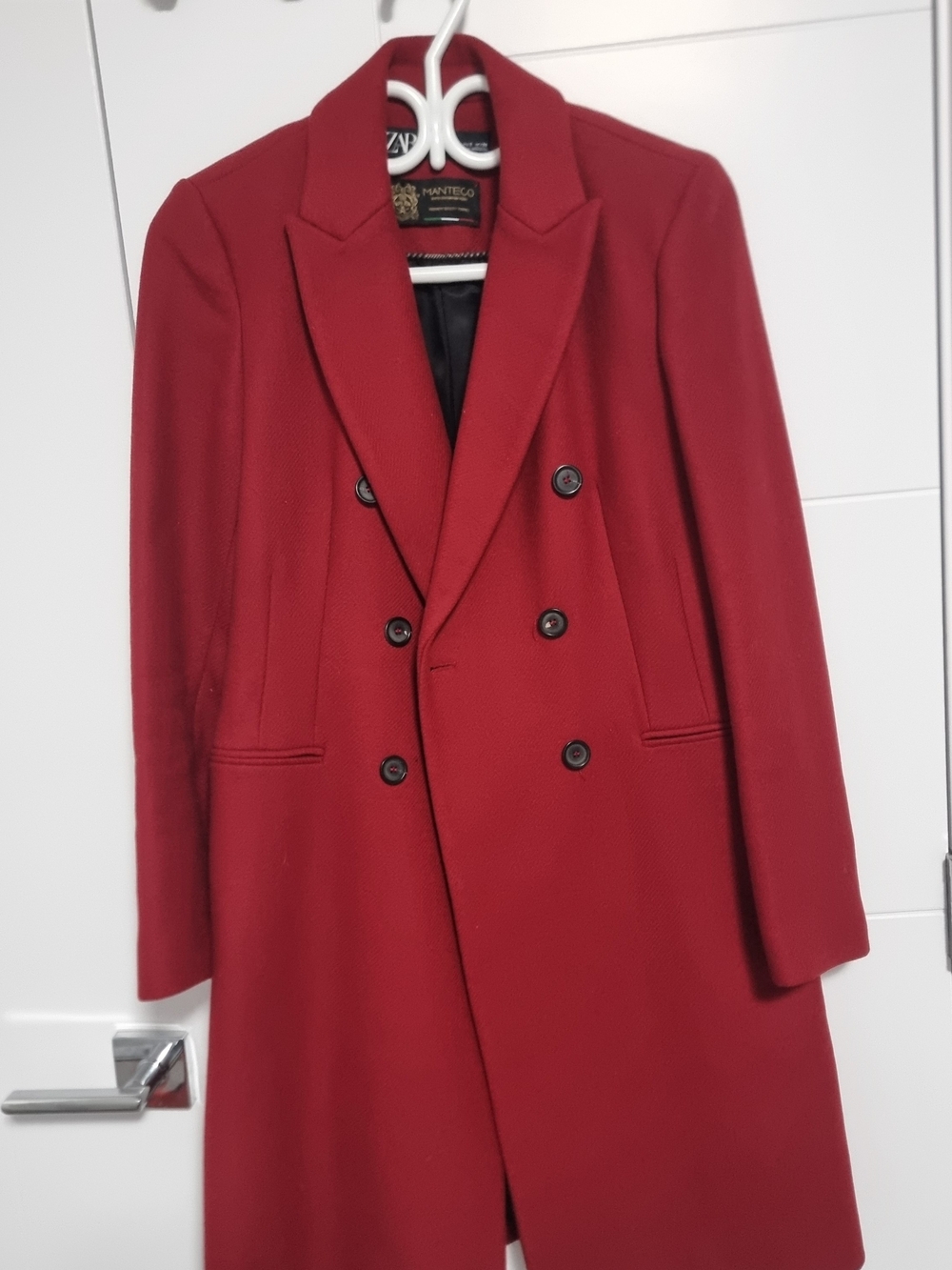 Womens Double-Breasted Red Wool Pea Coat